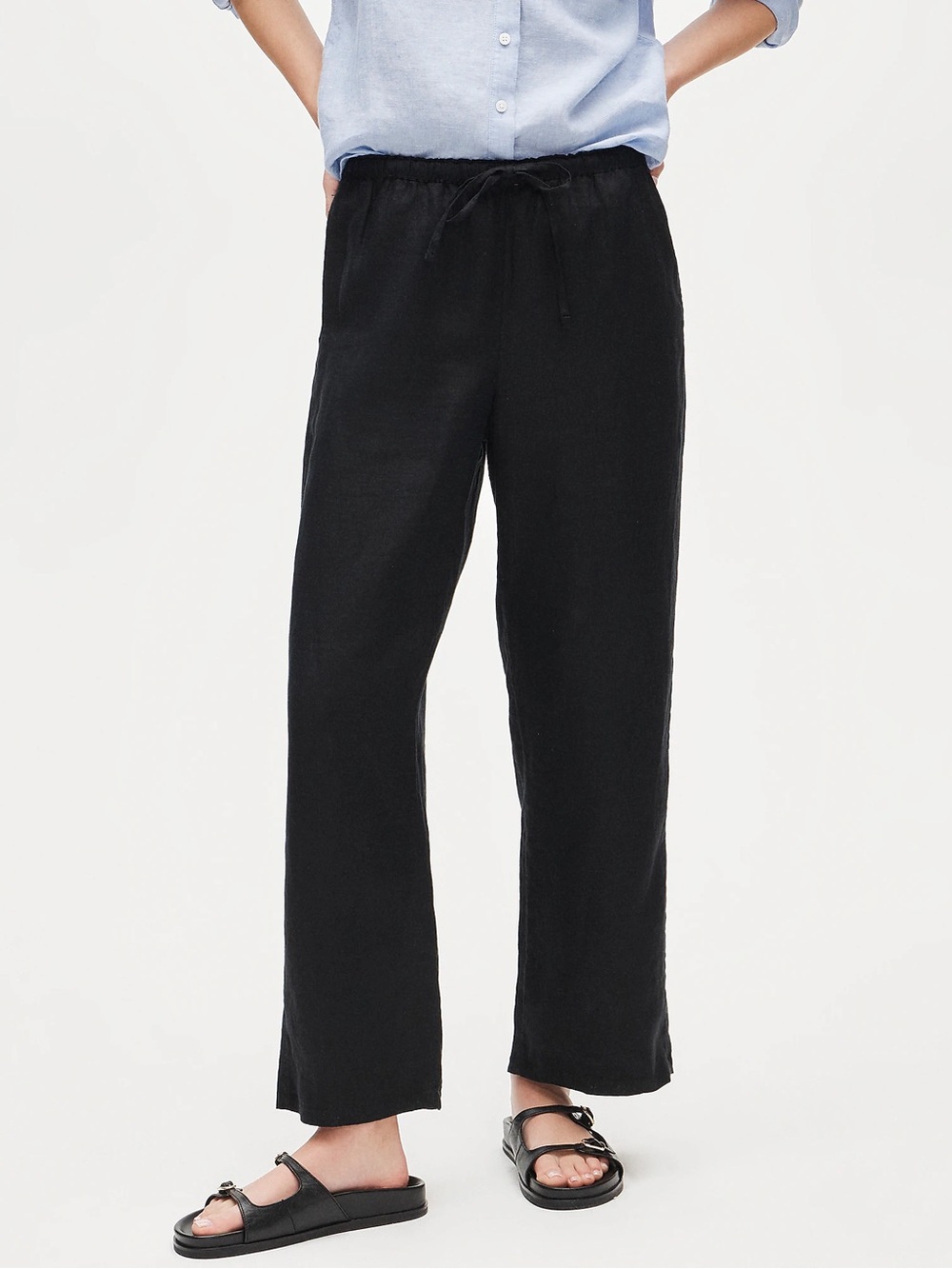 J.Crew Soleil 100% Linen Wide Leg Cropped Pants Black M Drawstring C193